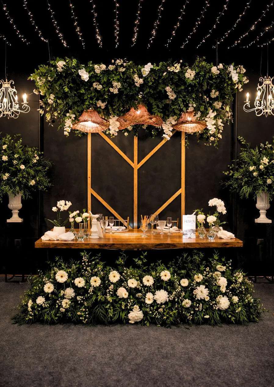Mesa de novios con estación aérea de flores